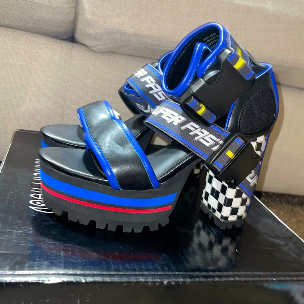 Black red blue racer heels